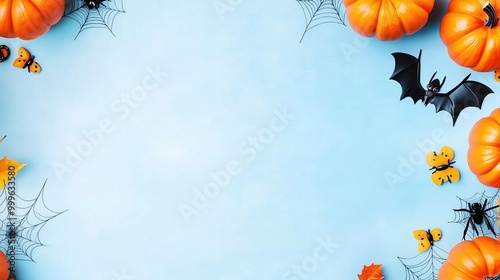 Halloween flat lay decoration featuring orange pumpkins, black bats, and creepy spiders on a pastel blue background. Minimalistic and simple flat design with vibrant Halloween symbols arranged artfull photo