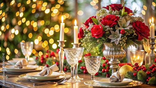 Elegant Holiday Table: Sparkling Silver, Crystal Glassware, and Lush Floral Centerpiece