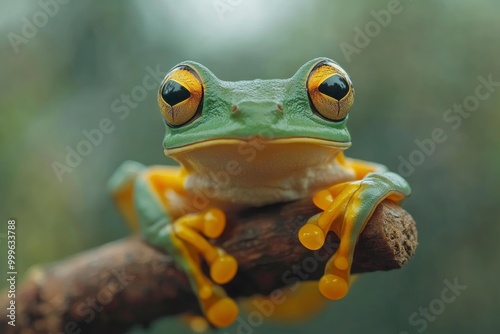 Flying frog closeup face on branch, Javan tree frog closeup image, rhacophorus reinwartii - generative ai photo