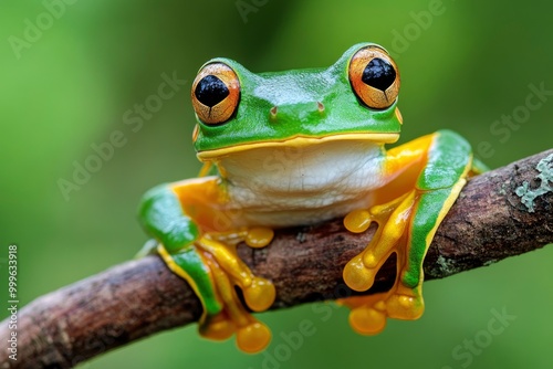 Flying frog closeup face on branch, Javan tree frog closeup image, rhacophorus reinwartii - generative ai photo