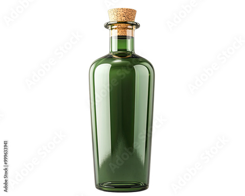 Green glass bottle with cork on a white isolated background.