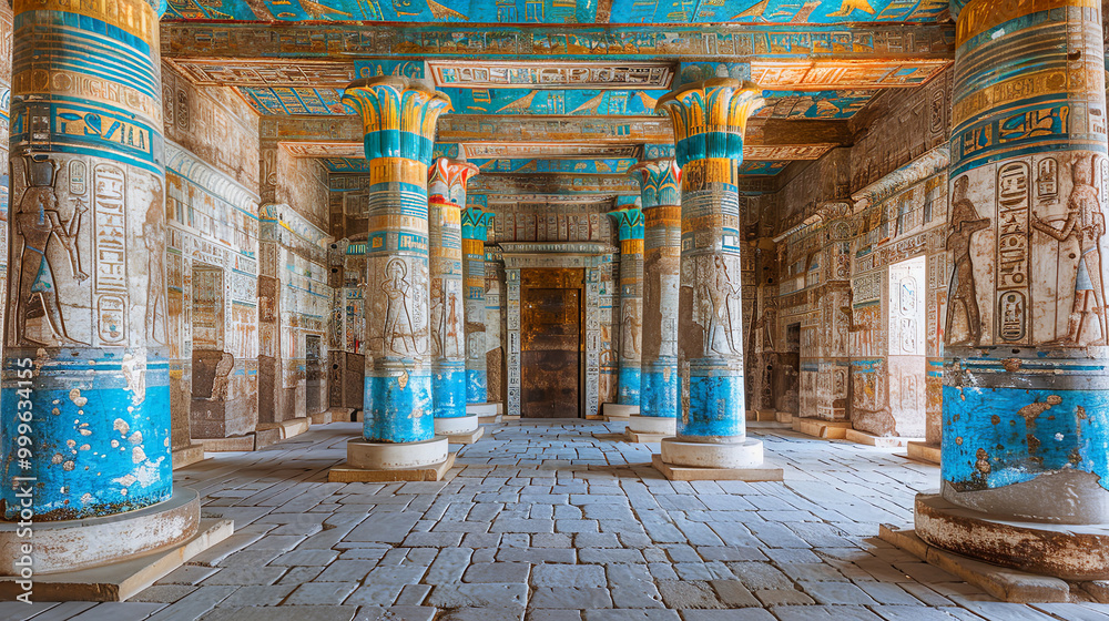 Fototapeta premium Interior view of the temple complex showing colorful columns and hieroglyphs