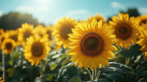 Vibrant Sunflower Field Under Bright Blue Sky