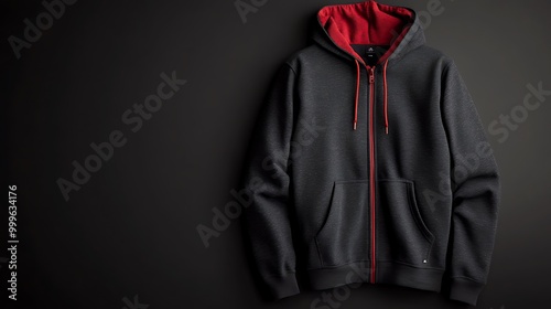 A charcoal gray zippered hoodie with a red hood and red zipper. photo