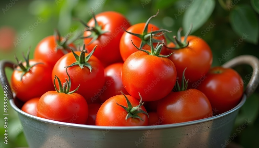 Freshly harvested tomatoes in a metal bucket Freshly harvested tomatoes in a metal bucket
