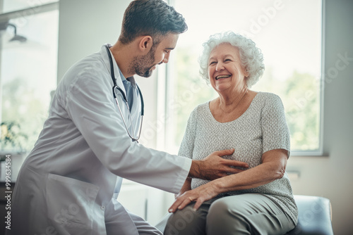 Doctor Examining Happy Senior Patient in a Medical Clinic Smiling elderly woman receiving a medical checkup from a doctor, symbolizing compassionate healthcare and senior wellness