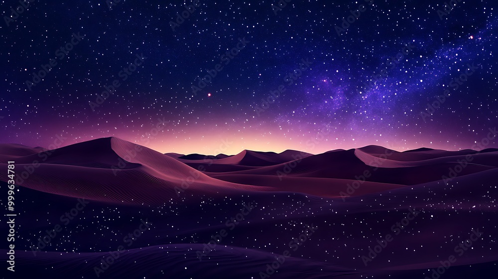 Fototapeta premium A vast, starry night sky over a purple desert landscape.