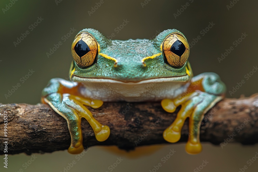 Flying frog closeup face on branch, Javan tree frog closeup image, rhacophorus reinwartii - generative ai Flying frog closeup face on branch, Javan tree frog closeup image, rhacophorus reinwartii - generative ai