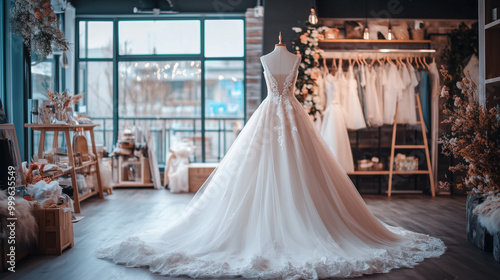 Editorial Photography of Wedding Dresses in a Stylish Wedding Clothes Shop Setting photo