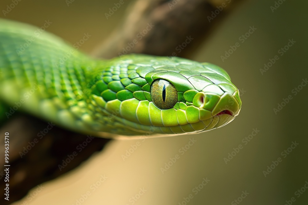 Trimisurus albolabris, green snake closeup on branch, animal closeup - generative ai Trimisurus albolabris, green snake closeup on branch, animal closeup - generative ai