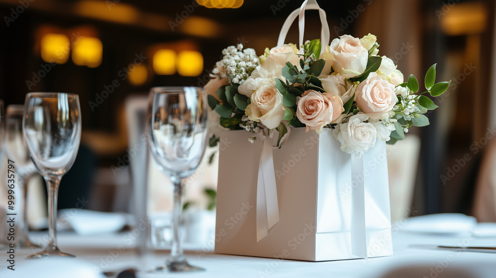Beautiful Wedding Present Gift Bag on a Wedding Table as Part of Wedding Decor Beautiful Wedding Present Gift Bag on a Wedding Table as Part of Wedding Decor