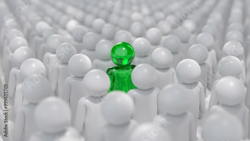 Green 3d person is standing out from a crowd of white people, depicting diversity. This 3d render illustration shows the concept of being unique
