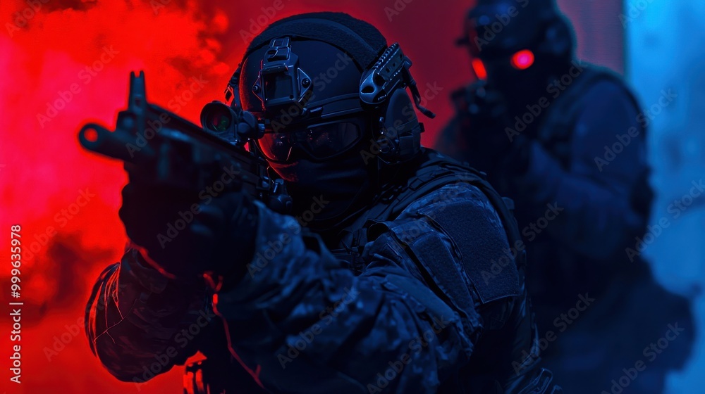 A covert military team conducts a night raid in an urban setting, utilizing night vision goggles and silenced weapons for stealth and precision A covert military team conducts a night raid in an urban setting, utilizing night vision goggles and silenced weapons for stealth and precision