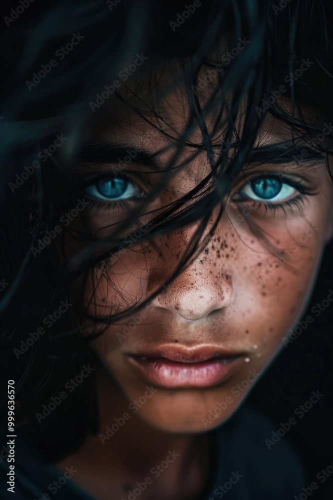 A detailed view of a person's face featuring freckles, suitable for use in editorial or commercial contexts A detailed view of a person's face featuring freckles, suitable for use in editorial or commercial contexts