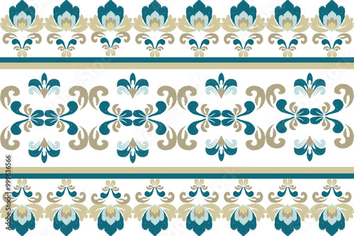 Motif ethnic ikat seamless textile illustration,green,brown,yellow embroidery, print striped ornament floral, pattern, design for wrapping,dress,silk,scarf, background,textile,carpet, texture,fabric.