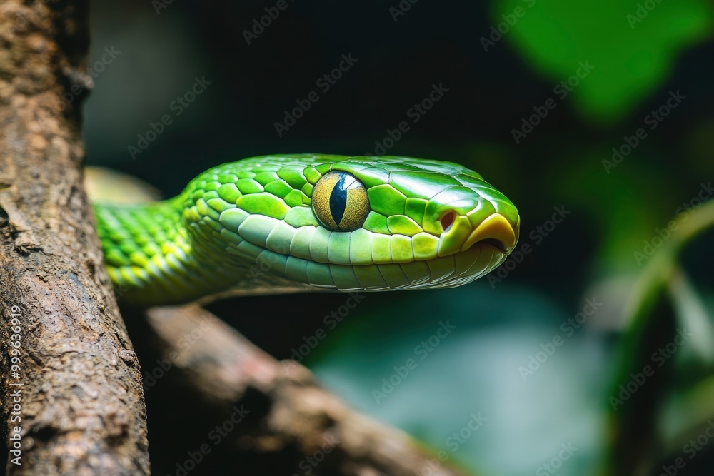 Trimisurus albolabris, green snake closeup on branch, animal closeup - generative ai Trimisurus albolabris, green snake closeup on branch, animal closeup - generative ai
