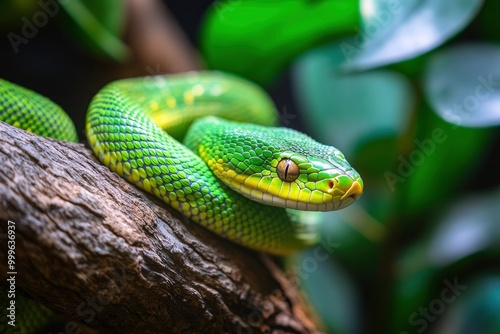 Trimisurus albolabris, green snake closeup on branch, animal closeup - generative ai