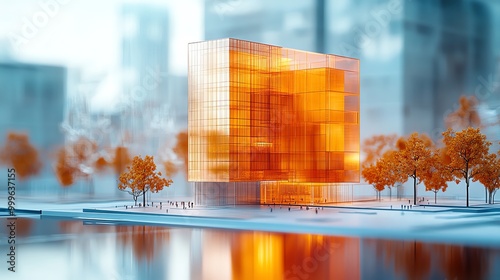 A modern glass building with a golden hue reflected in a blue water body in front of it with blurred trees and a city in the background. photo