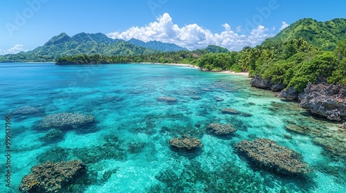 Tropical Paradise with Clear Blue Water and Green Hills