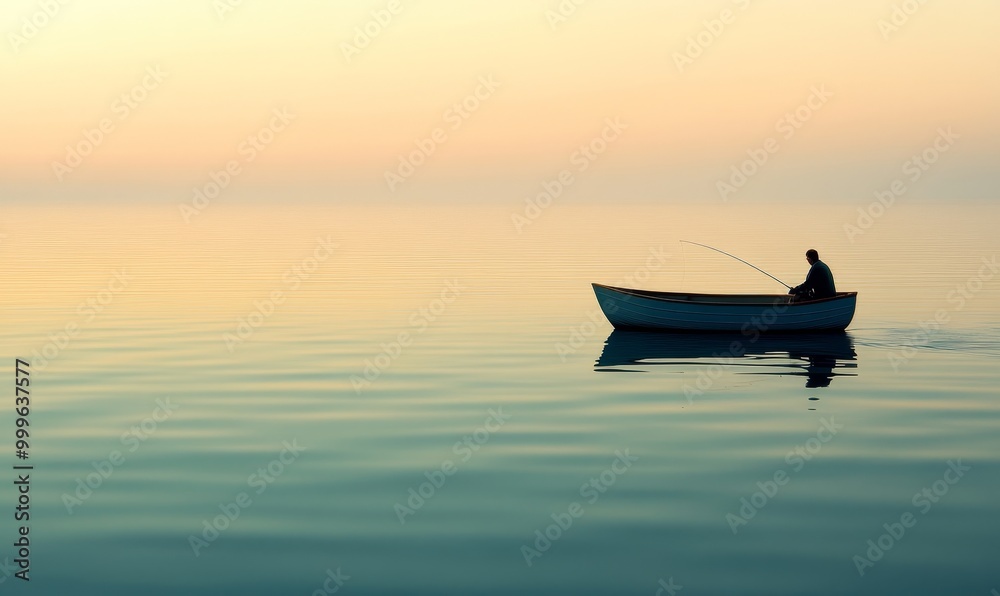Solitary fisherman in a boat on calm water. Solitary fisherman in a boat on calm water.