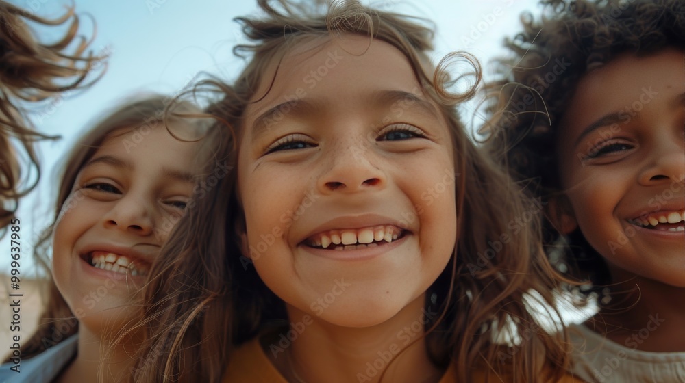 Fototapeta premium A close-up of three children with varied hair types, smiling joyfully