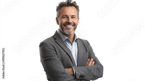 Business portrait of confident businessman. Entrepreneur in jacket smiling, Happy mid adult, mature age man standing, smiling, isolated on white background.