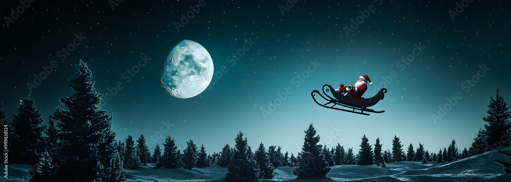 Naklejka premium Panoramic of Santa Claus flying in his sleigh over the moon