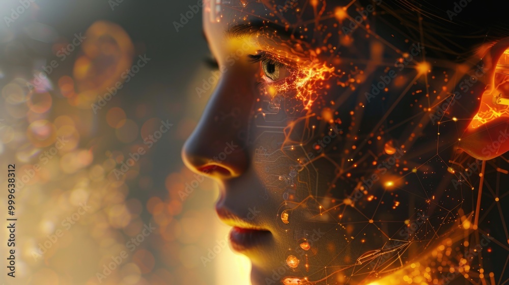 A close-up shot of a person's face with a bright, radiant glow A close-up shot of a person's face with a bright, radiant glow