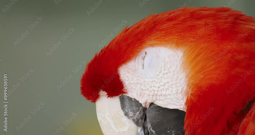 Close up motion footage of Scarlet macaw parrot is sleep. 4K Macro view video footage.
