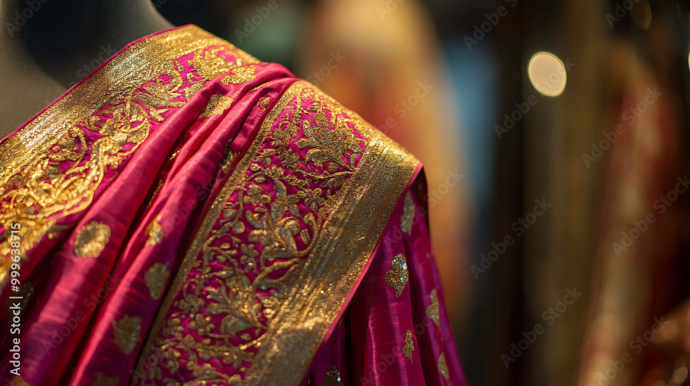 Closeup of a pink and gold sari draped on a mannequin.