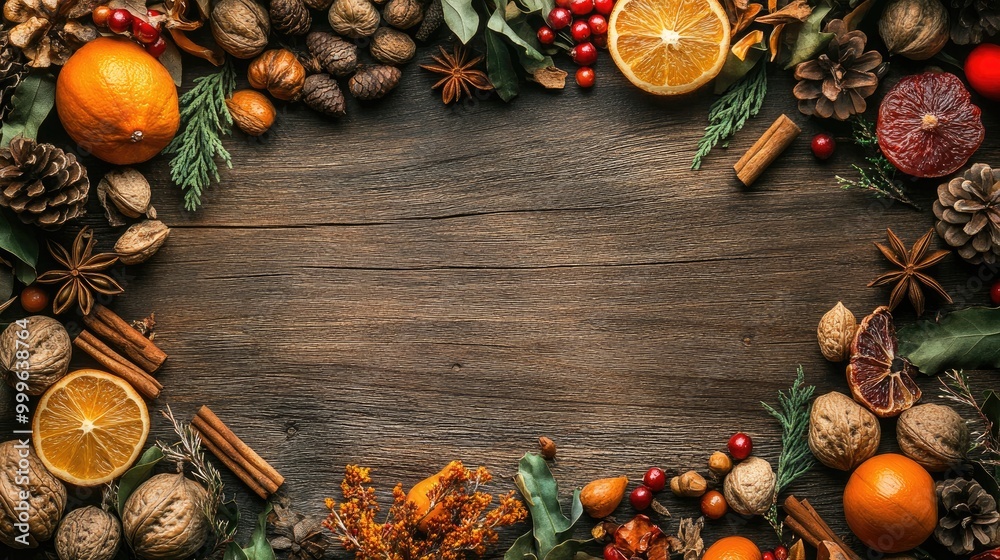 Autumn nature background frame on rustic wood with foliage flowers nuts pine cones spices and fruits Abstract for harvest season concept Top view Autumn nature background frame on rustic wood with foliage flowers nuts pine cones spices and fruits Abstract for harvest season concept Top view