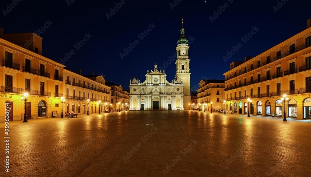 Obraz premium Illuminated city square at night with historic building