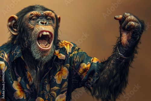 A statue of a monkey dressed in a colorful Hawaiian shirt, great for tropical-themed illustrations or designs photo