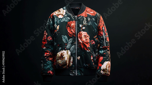 A black floral bomber jacket with red and cream flowers.