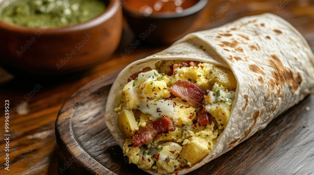 A breakfast burrito with scrambled eggs, bacon, cheese, and potatoes, served with salsa verde and hot sauce for a bold and flavorful start to the day. A breakfast burrito with scrambled eggs, bacon, cheese, and potatoes, served with salsa verde and hot sauce for a bold and flavorful start to the day.