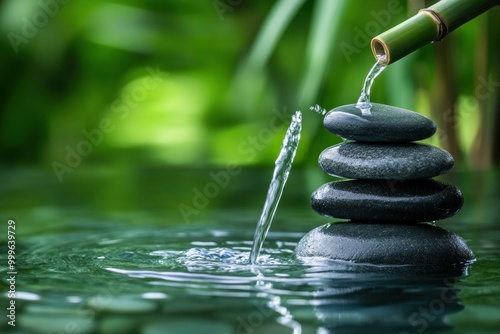 Photo of stacked stones and bamboo with water pouring from a spout on a green background photo