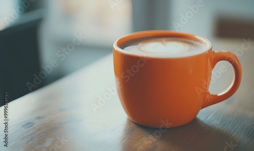 Orange Ceramic Mug Filled with Coffee Sitting on a Table, Generative AI