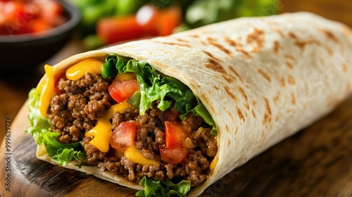 A burrito loaded with seasoned ground beef, lettuce, tomatoes, and cheese, wrapped in a soft flour tortilla. A close-up shot to capture the texture and flavor.