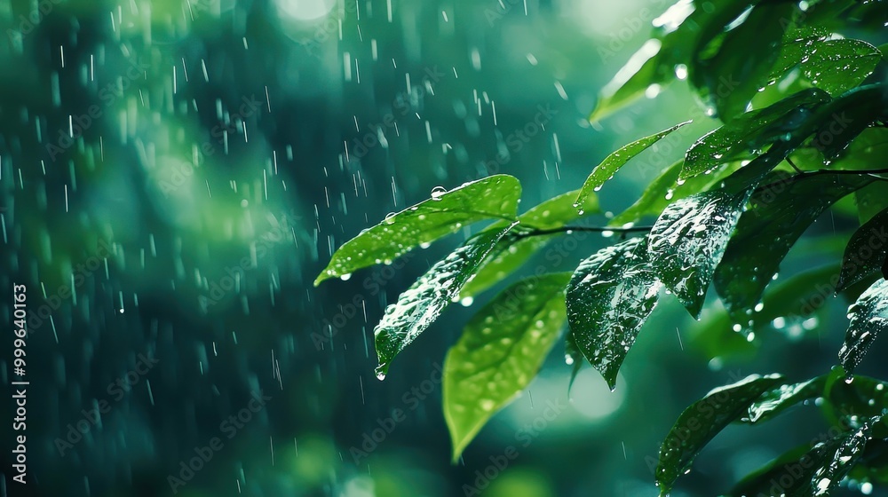 Close-up of raindrops collecting on vibrant green leaves, with a blurred forest background, creating a serene, rainy atmosphere.