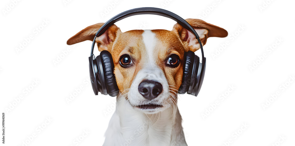 Portrait of dog with headphones isolated on transparent background Portrait of dog with headphones isolated on transparent background