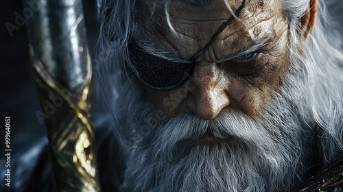 A close-up of Odin's face, with a patch covering one eye and a deep, knowing expression, holding his spear Gungnir in hand. A powerful and solemn portrait. photo