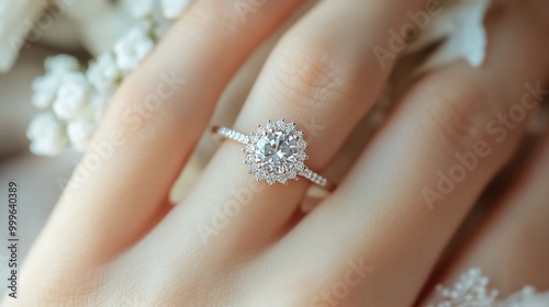 Close-up shot of a woman’s finger wearing a dazzling diamond cluster engagement ring