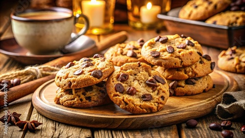 Warm cookies filled with chocolate chips and oats rest on a rustic wooden table, filling the cozy kitchen with a delightful aroma of freshly baked goodness.