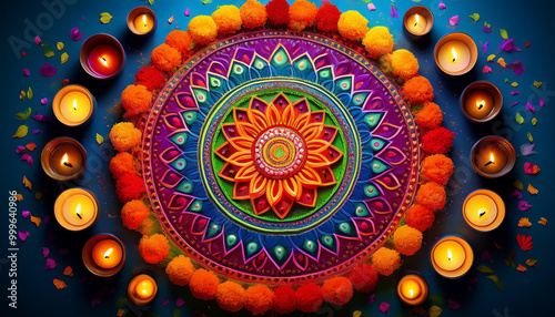 Circular Rangoli with Colored Powders and Marigold Petals