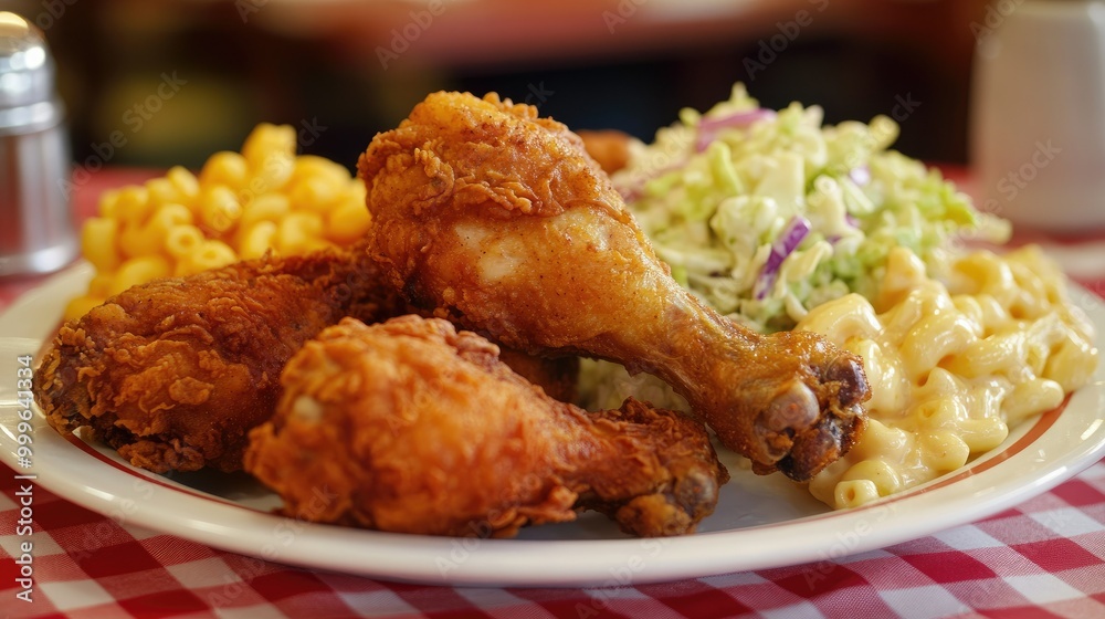 A fried chicken dinner plate with drumsticks, coleslaw, and mac and cheese, served on a red-checkered tablecloth for a classic diner feel. A fried chicken dinner plate with drumsticks, coleslaw, and mac and cheese, served on a red-checkered tablecloth for a classic diner feel.