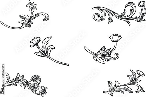Set of Floral flower baroque engraved ornamental vector design