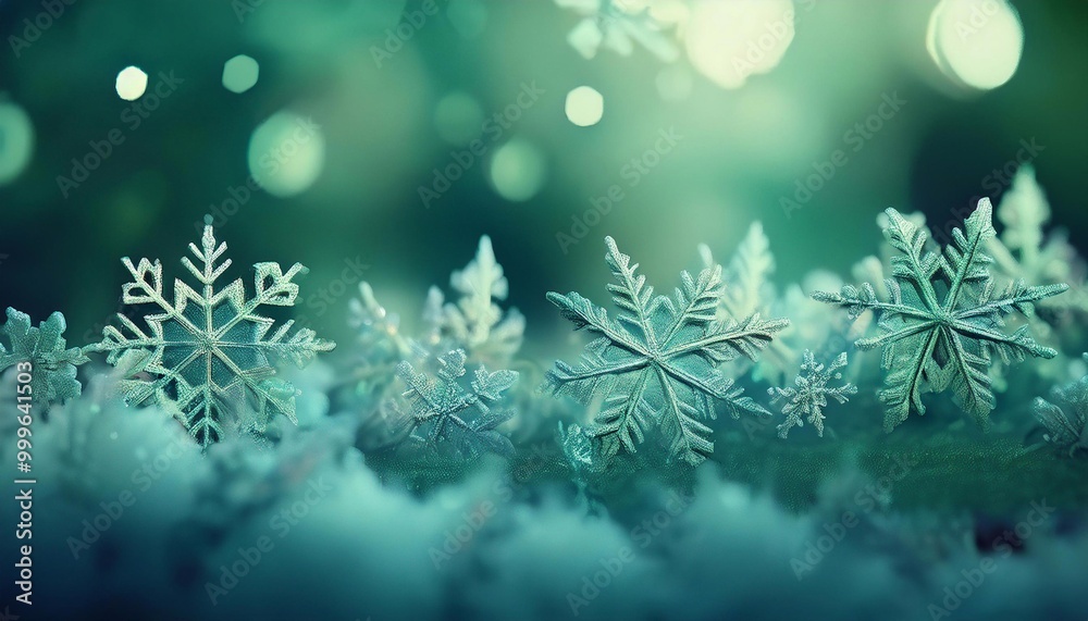 snowflakes on bokeh background in green shades, background for text snowflakes on bokeh background in green shades, background for text