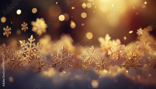 snowflakes on bokeh background in golden shades, background for text