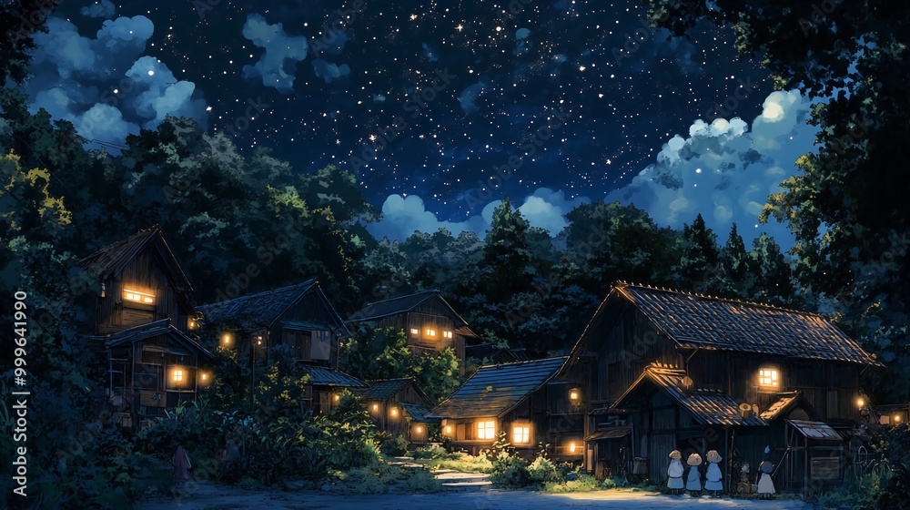 Obraz premium Village under a starry sky, a quaint village illuminated by the soft glow of lanterns