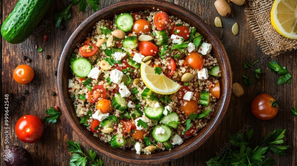 Vibrant Mediterranean Salad in Wooden Bowl Vibrant Mediterranean Salad in Wooden Bowl